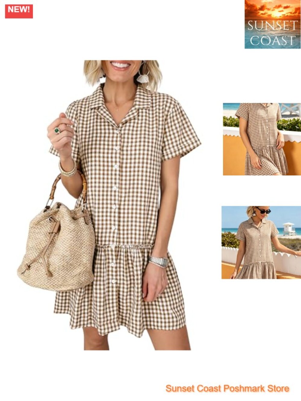 Women's Gingham Cotton Babydoll Mini Dress Short Sleeve Button Down